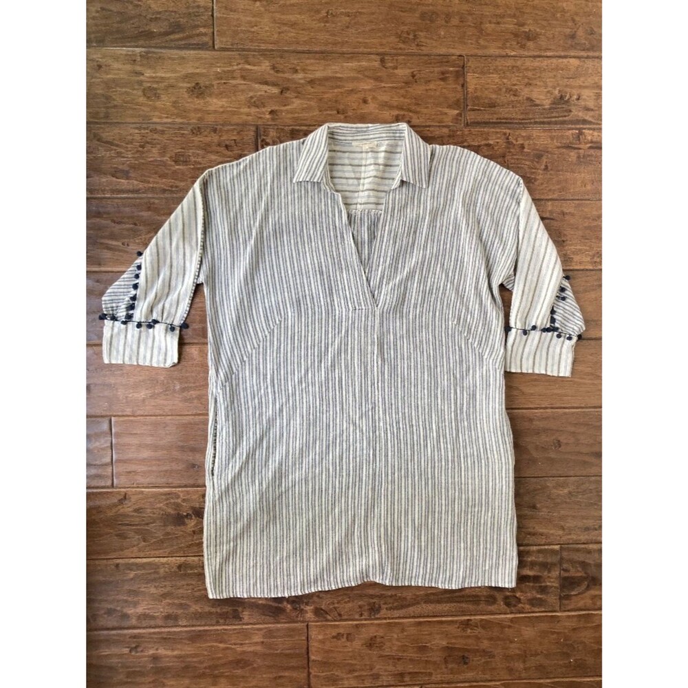 Mystree Women's Large Linen Cotton Tunic Top Pom Poms Coastal Resortwear
